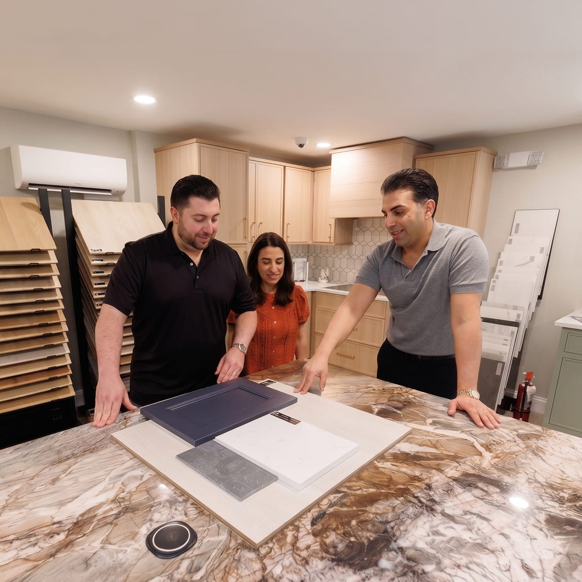 Kitchen designer explaining custom kitchen cabinet options to homeowners during a kitchen remodeling consultation in New Jersey