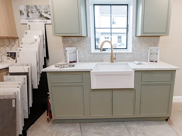 Kitchen showroom with tile fixtures, cabinetry and design selections in New Jersey