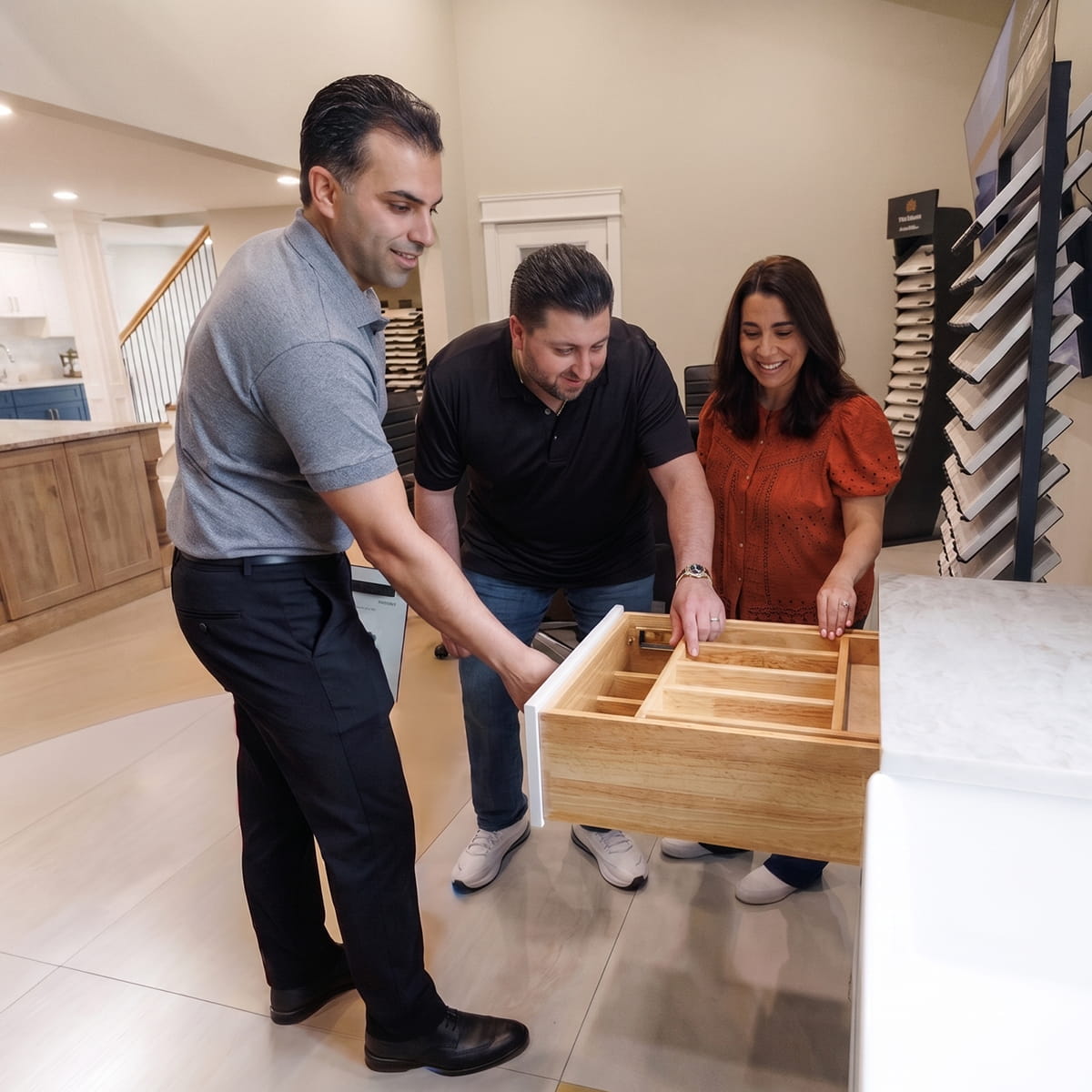 Kitchen and bath showroom near Marlboro NJ with cabinetry, countertops, flooring, and 3D design planning