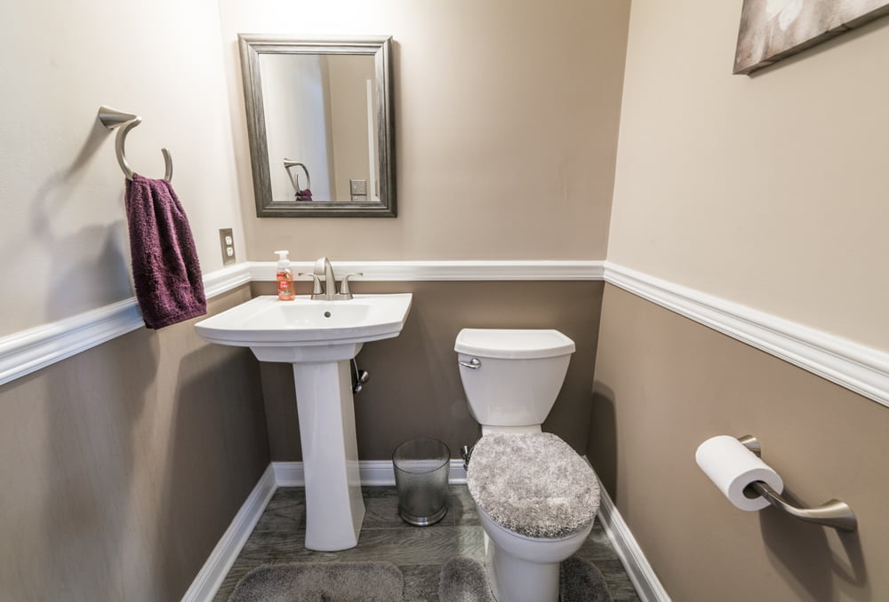 DSC08789 Small bathroom with pedestal sink, toilet, gray rug, mirror, purple towel, and beige walls.